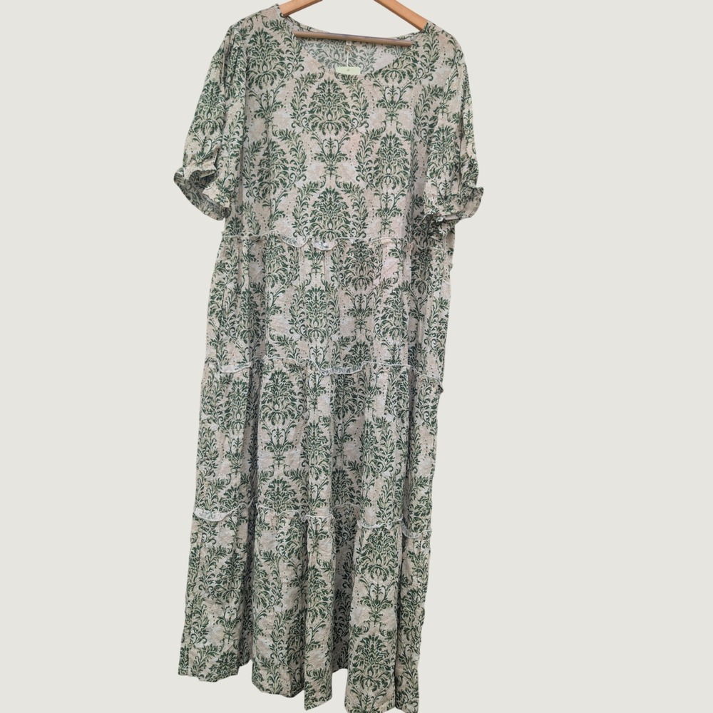 Yesno Tiered Maxi Dress Womens 3xl Green Cotton Rayon Damask Lagenlook Nwt Cr425